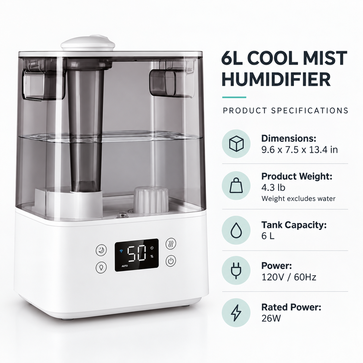 6L Top-Fill Cool Mist Humidifier with Auto Mode and Night Light