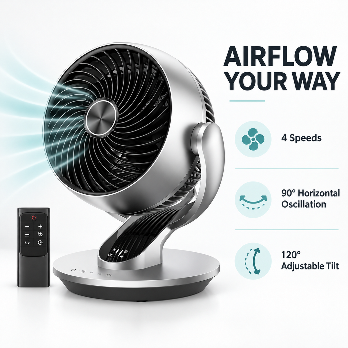 Table Air Circulator Fan with 4 Speeds, Oscillation and Remote