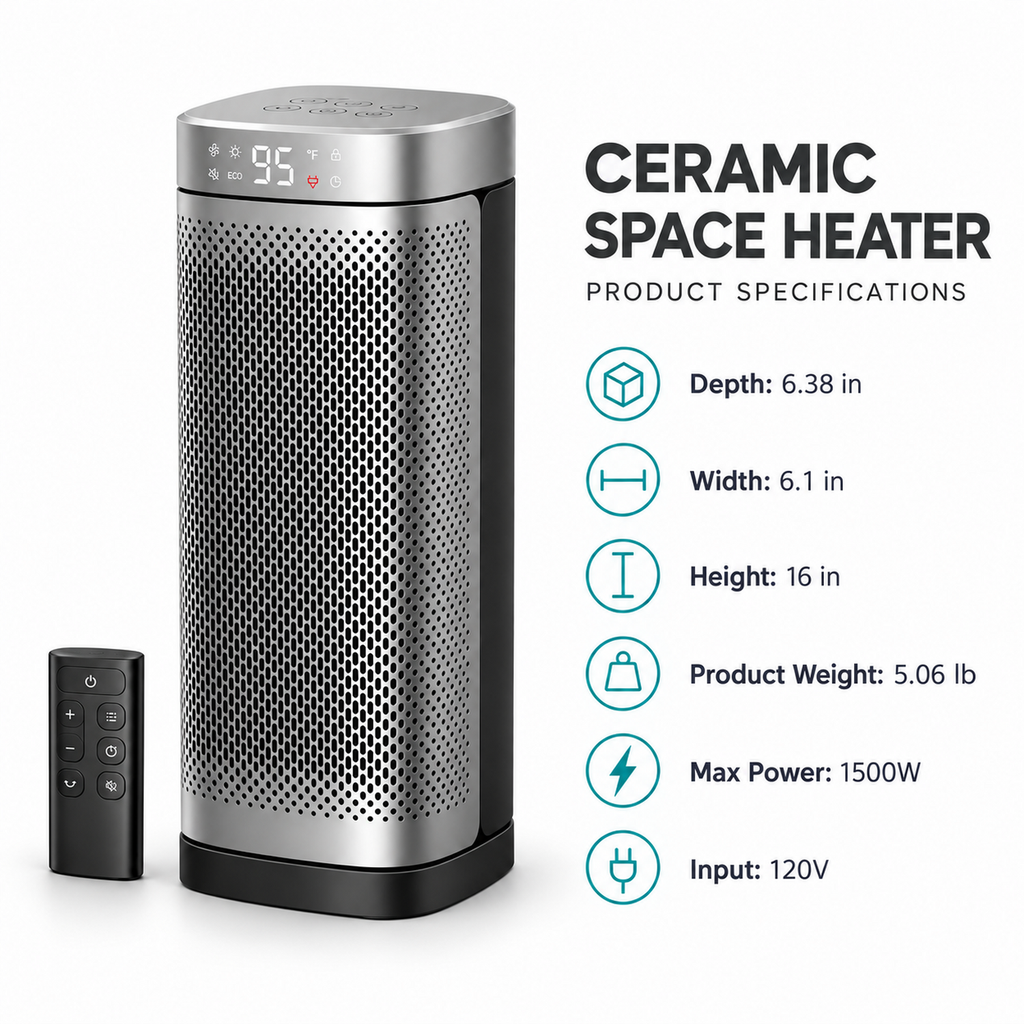 1500W Ceramic Space Heater with Thermostat, Oscillation and Remote