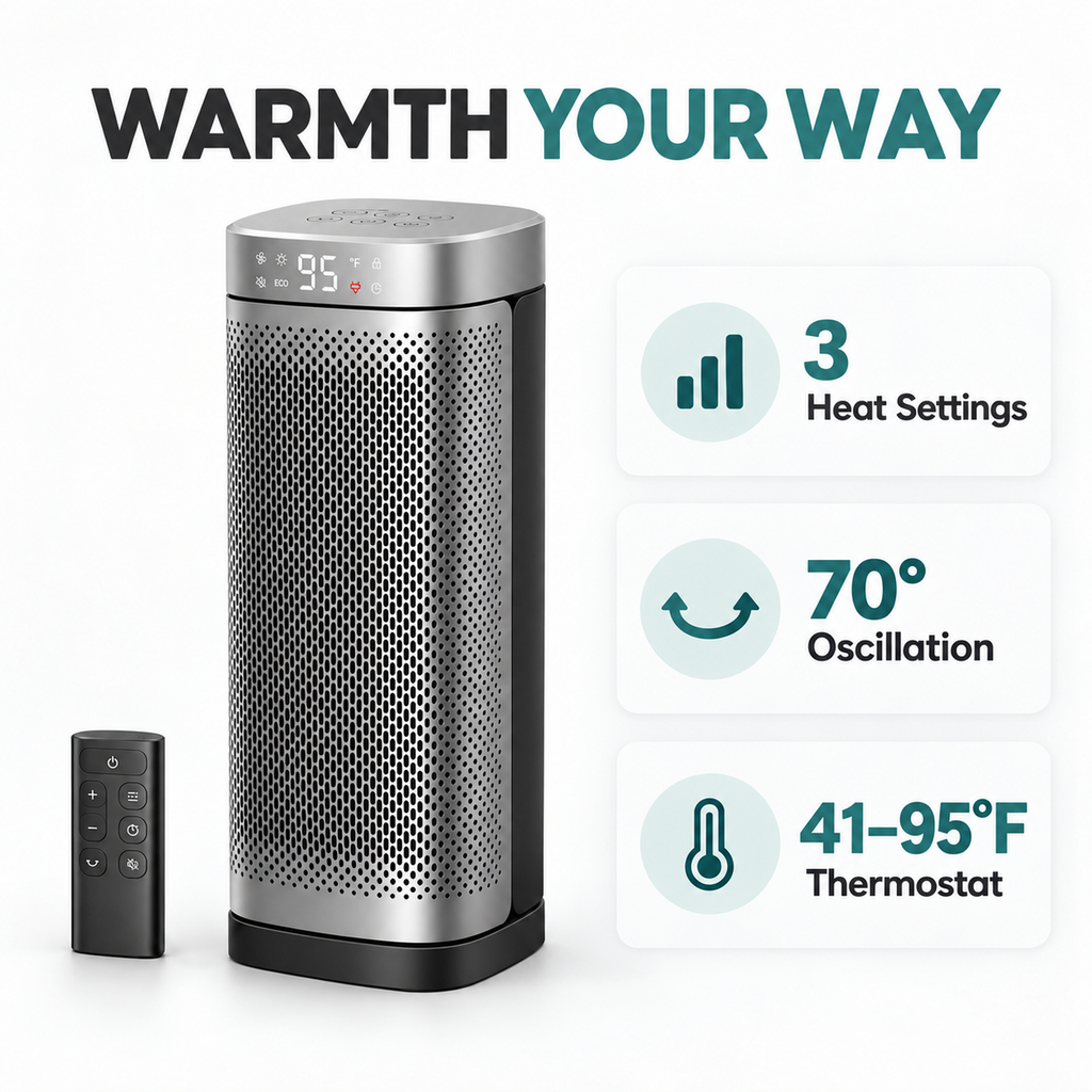 1500W Ceramic Space Heater with Thermostat, Oscillation and Remote